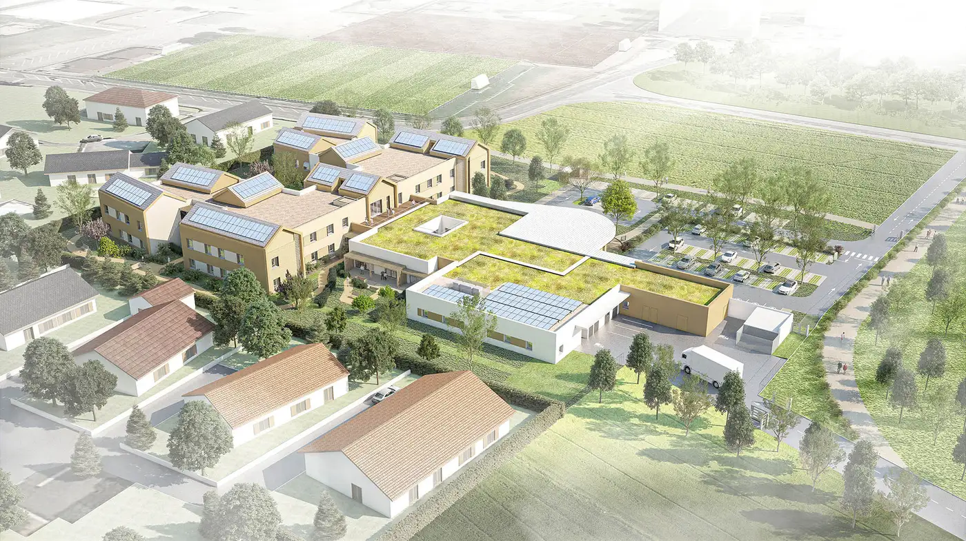 Perspective aérienne du futur EHPAD Vivre Ensemble : les quatre maisonnées et le bâtiment commun à toiture végétalisée