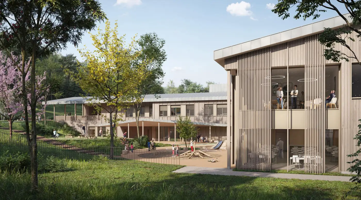 Perspective de la cour du futur groupe scolaire de Pont-d'Ain, entre les deux ailes du bâtiment