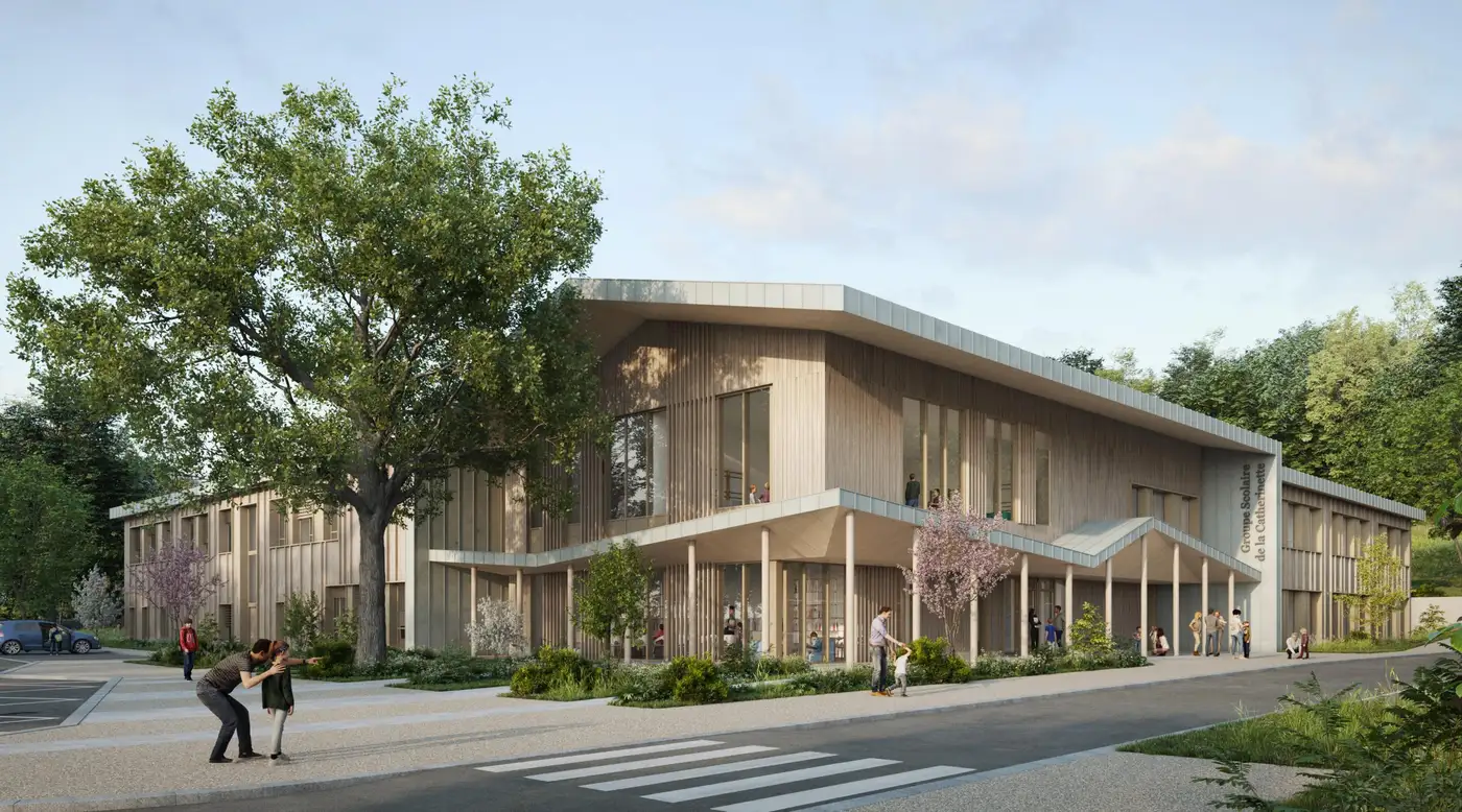 Perspective de l'entrée du futur groupe scolaire de Pont-d'Ain : façade bois sur deux niveaux, parvis et préau